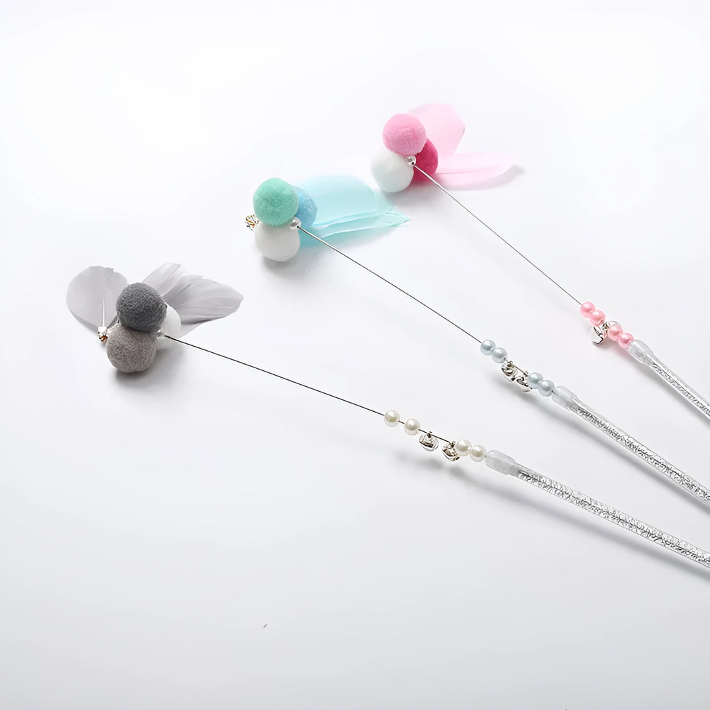 Funny cat stick toy with plush goldfish, 35cm steel wire and plastic wand, grey blue or pink