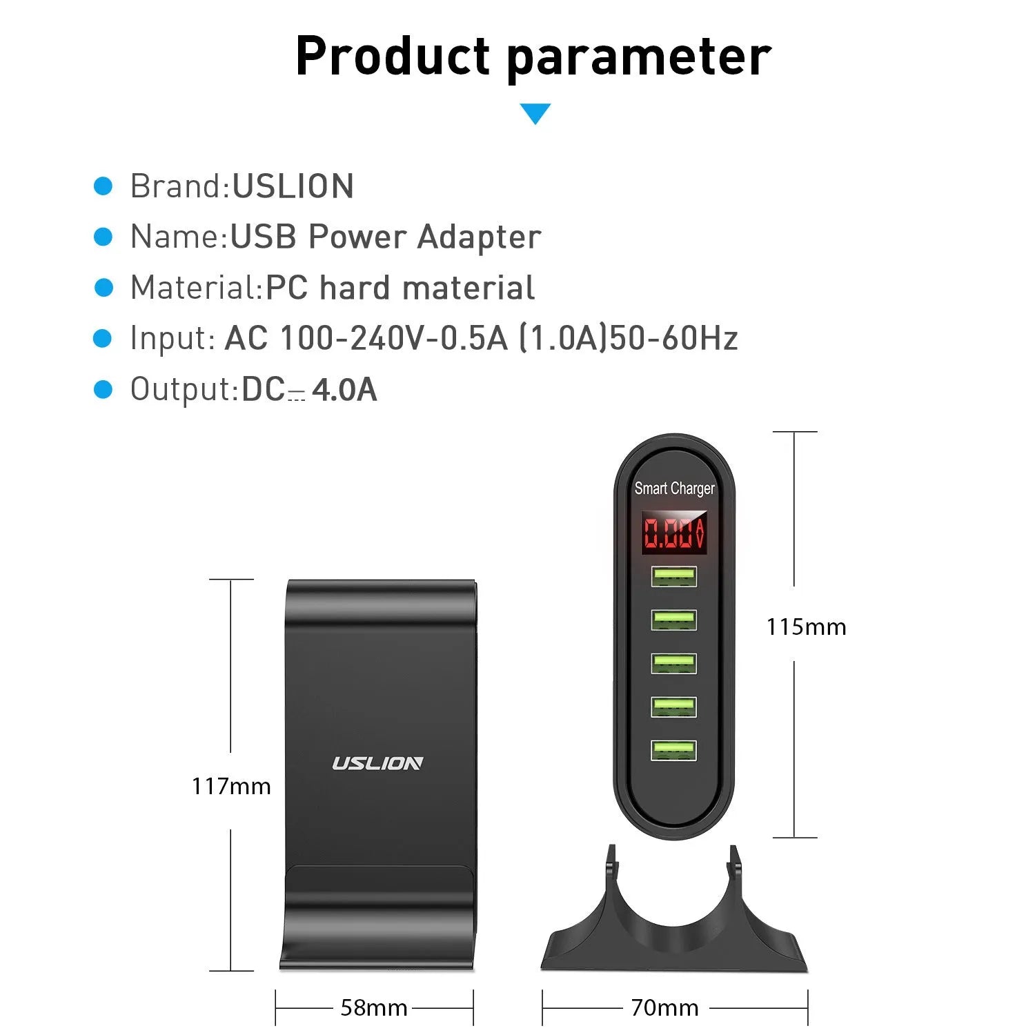 Smart LED digital display USB wall charger in black and white, showing dual ports and voltage readout.