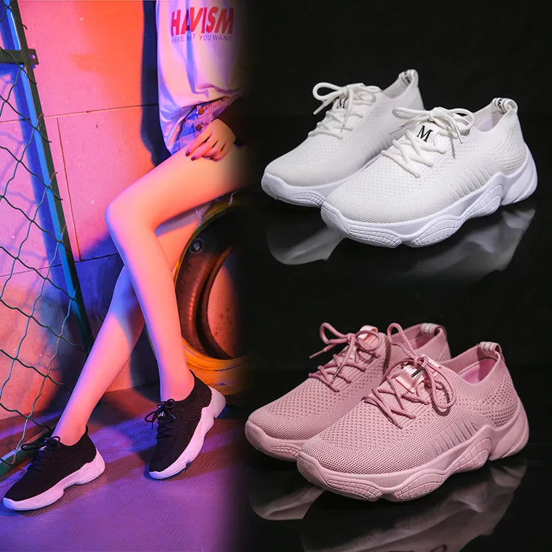 Women's white thick-soled sports shoes with woven uppers and front strap