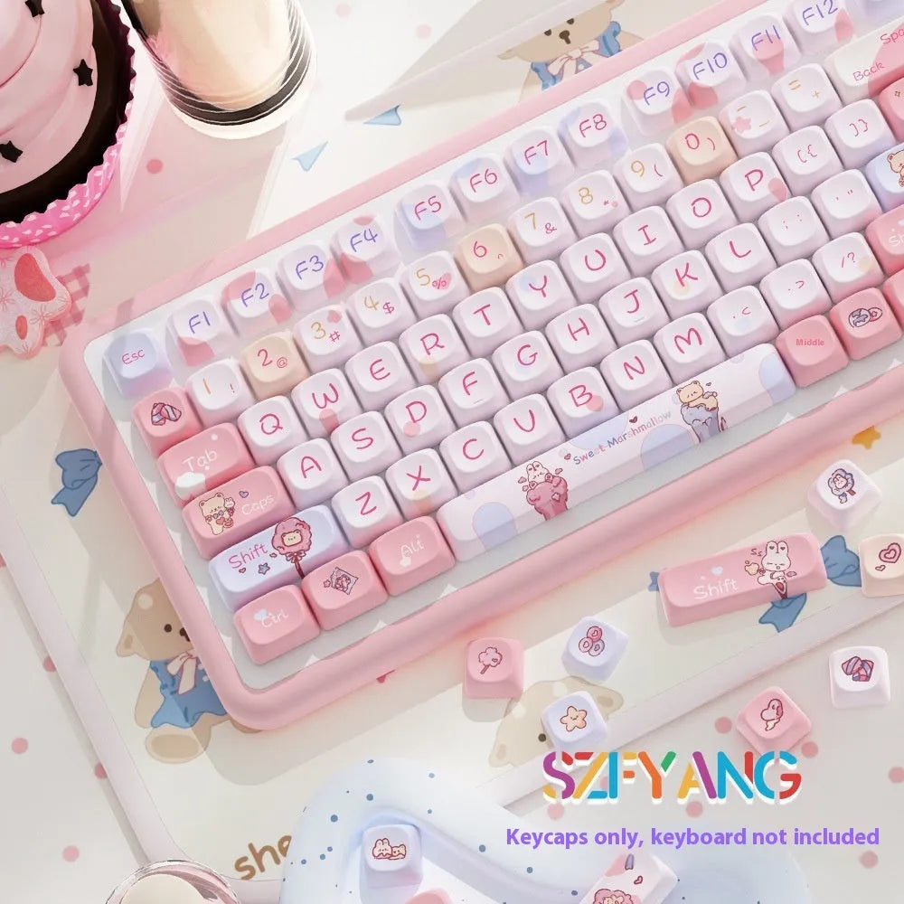 Sweet Cotton Candy coloured PBT keycap set for mechanical keyboards in its box.
