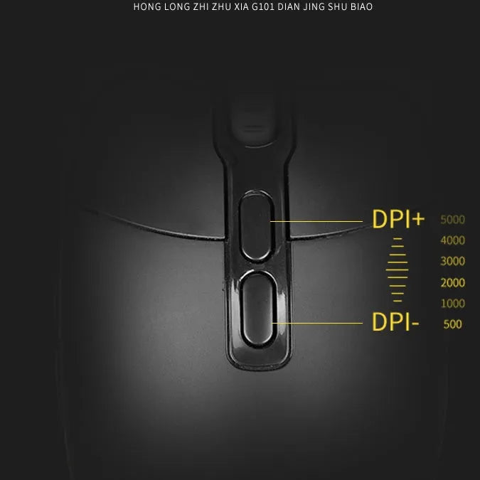 Black wired gaming mouse with 5000 DPI sensor, 9 buttons, USB cable and four-way scroll wheel for desktop PC