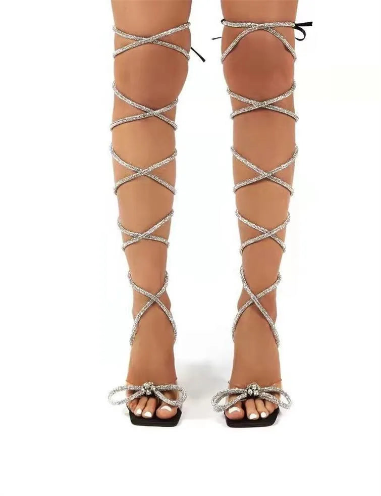 Plus size women's strappy sandals with Roman rhinestone straps and square toe in multiple colours