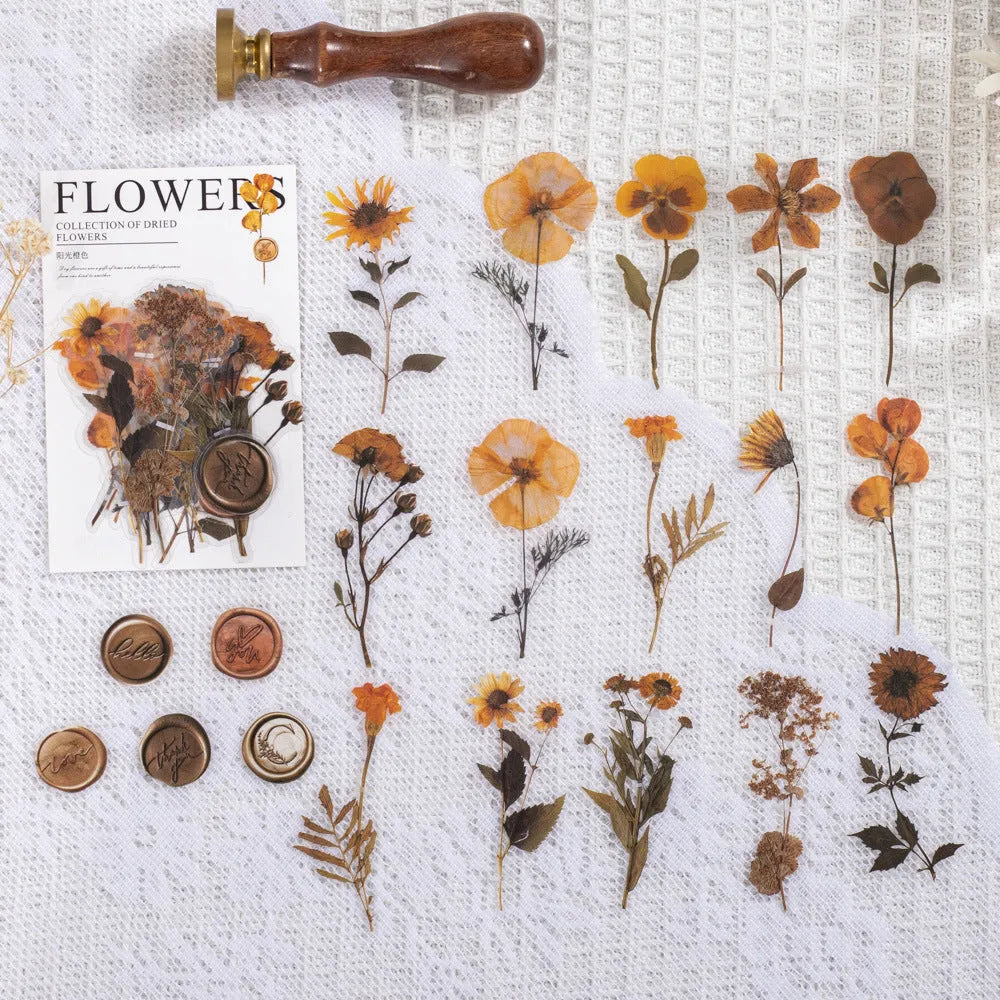 Dried flowers journal decoration stickers in eight colour themes including Dark Night Purple and rose nebula