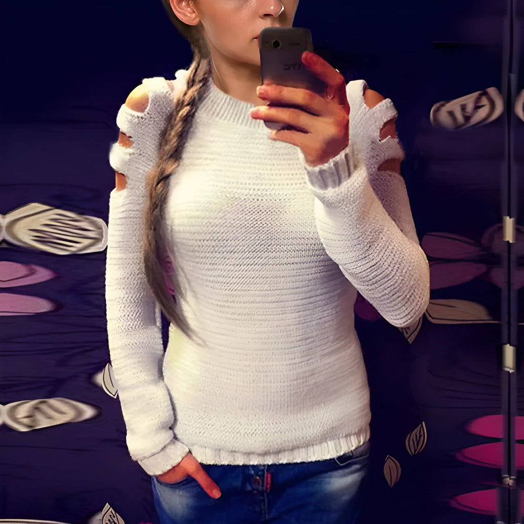 Women's grey crocheted hollow-out long-sleeved shirt with a round neckline.