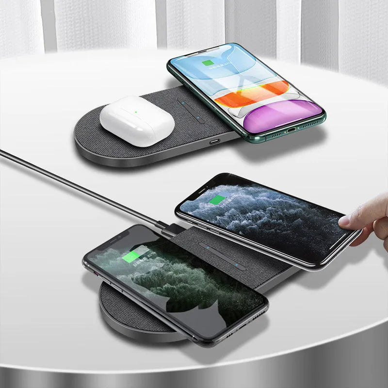 Black wireless charging pad pair showing two flat charging surfaces with indicator lights