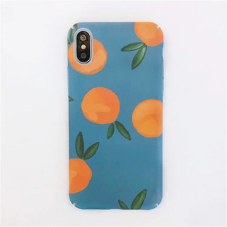 Orange retro plastic iPhone case with water and blue background design, shown as a back cover.