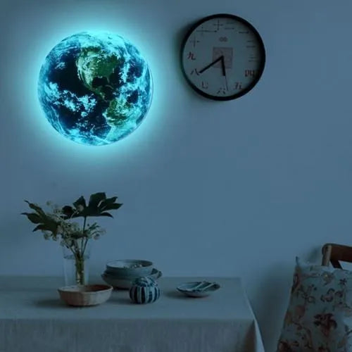 Glow in the dark 3D planet Earth wall sticker in PVC material showing luminous effect