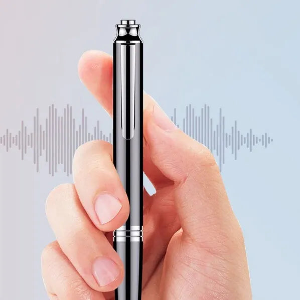 Black pen-style USB recorder MP3 player showing 120mm length and 12mm diameter with USB connector