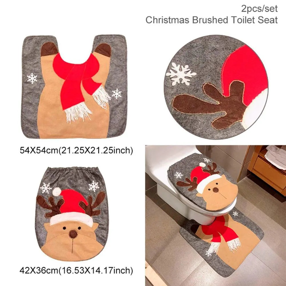 Christmas bathroom decoration set with Santa Claus toilet seat cover, floor mat and shower curtain in red flannel fabric