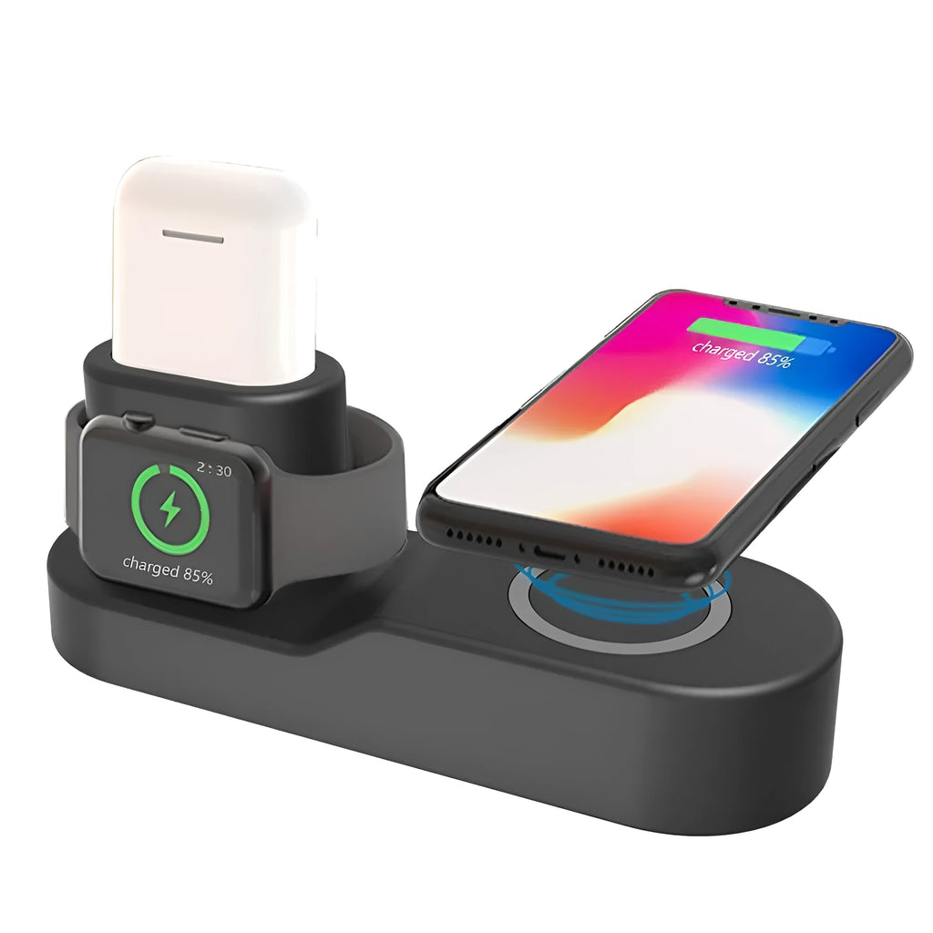 W3 wireless charging station showing phone, Apple Watch, and earphones charging simultaneously on black unit