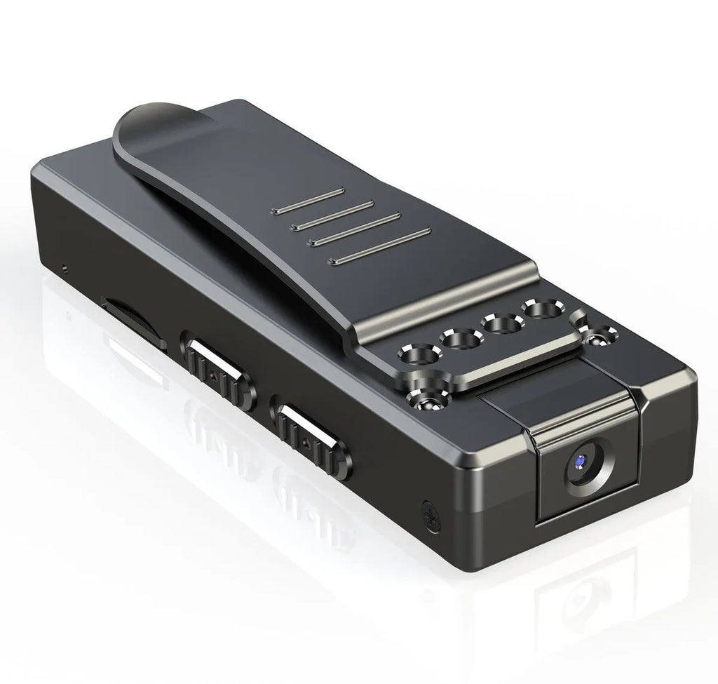 Black 1080p HD home security camera with a rotatable lens on a plain background.