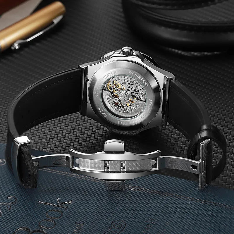 Men's automatic mechanical watch with diamond bezel and skeleton dial on white shell case.