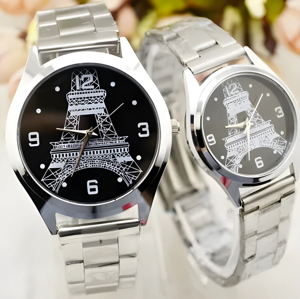 Silver and leather Eiffel Tower wrist watch showing analogue dial with Paris landmark graphic.