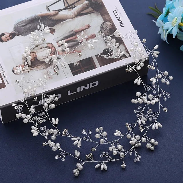 Silver gold rose gold crystal pearl wedding hair band with copper wire construction in three lengths