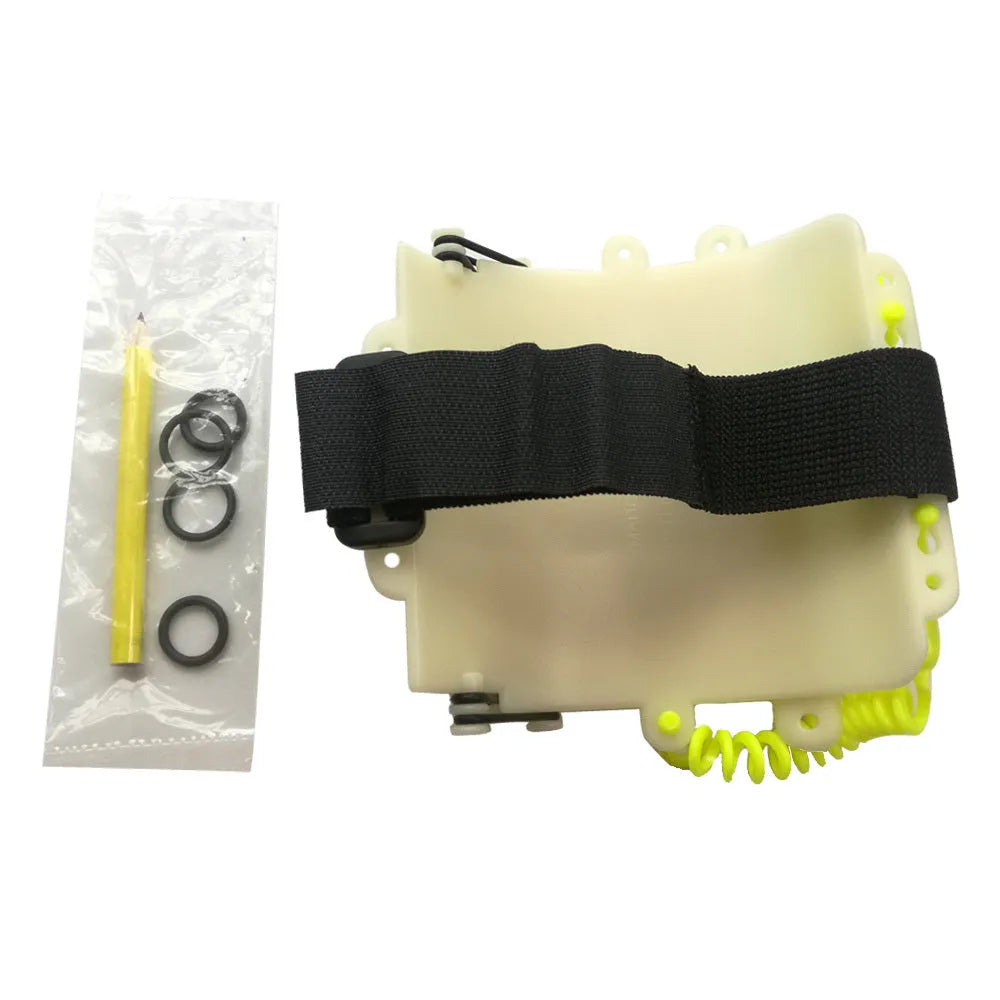White luminous ABS diving wristboard with pencil and spare O-ring for underwater writing.