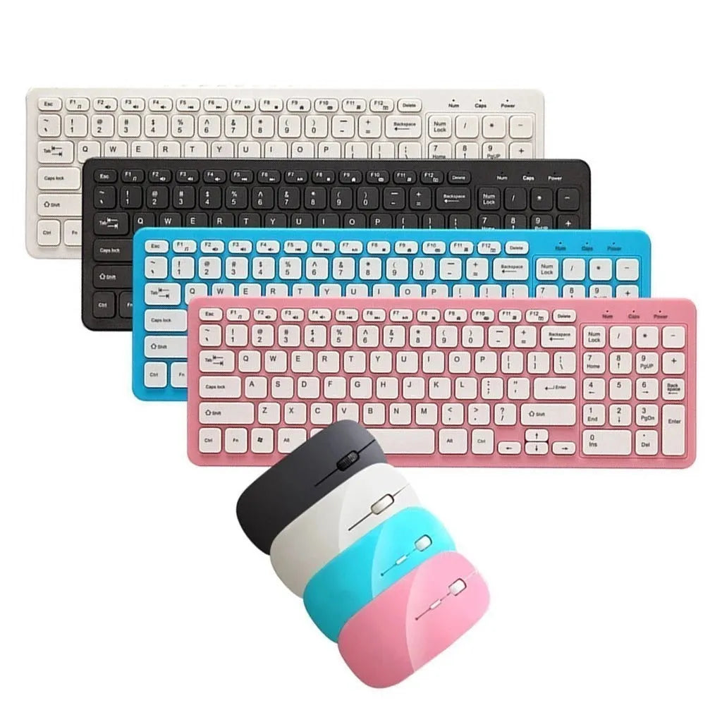 Wireless keyboard and mouse set in black, white, pink or blue with 96-key keyboard and adjustable DPI mouse