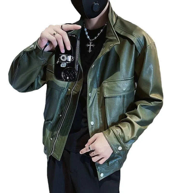 Men's black Korean style regular fit PU leather jacket with straight hem and side seam pockets