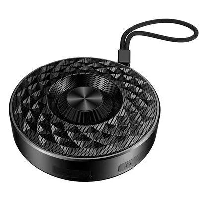 Wireless mini Bluetooth speaker showing three colour options: black, orange, and silvery white