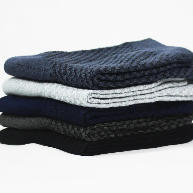 Men's bamboo fiber business socks in navy blue and grey with medium thickness knit and small square style pattern