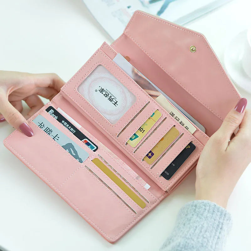 Large capacity leather student wallet with buckle three-fold closure in multiple colours