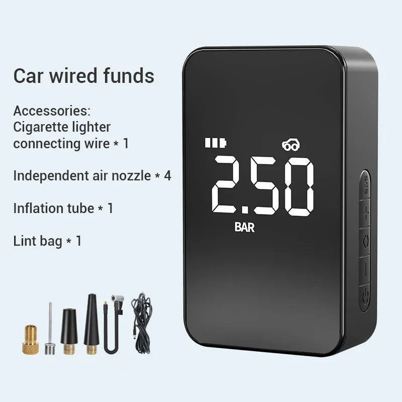 Wireless digital display air pump with hose and nozzles on a flannelette bag