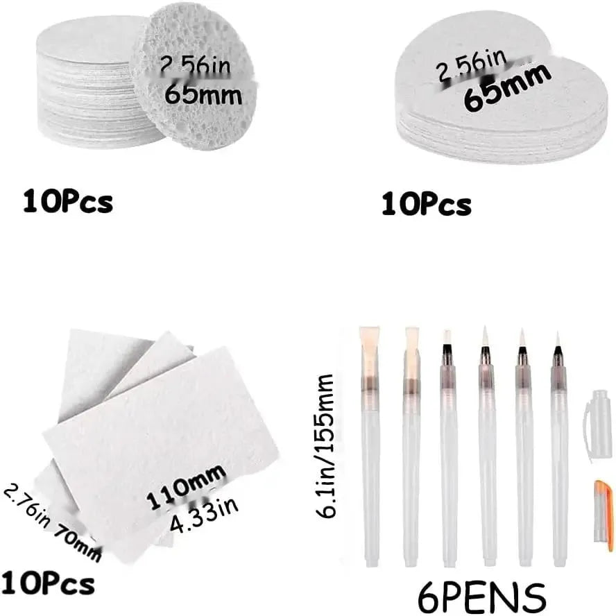 Popular painting sponge craft set showing blank heart, round, and square sponges with fountain pens on wood pulp paper.