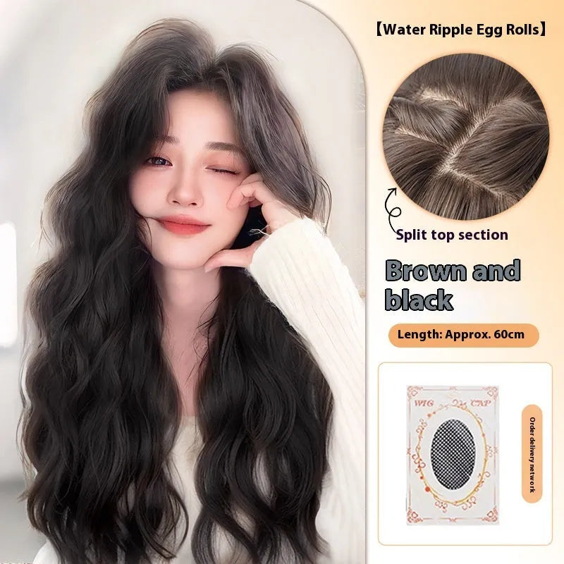 Full-head women's wig with long curly artificial hair and side bangs in brown colour options