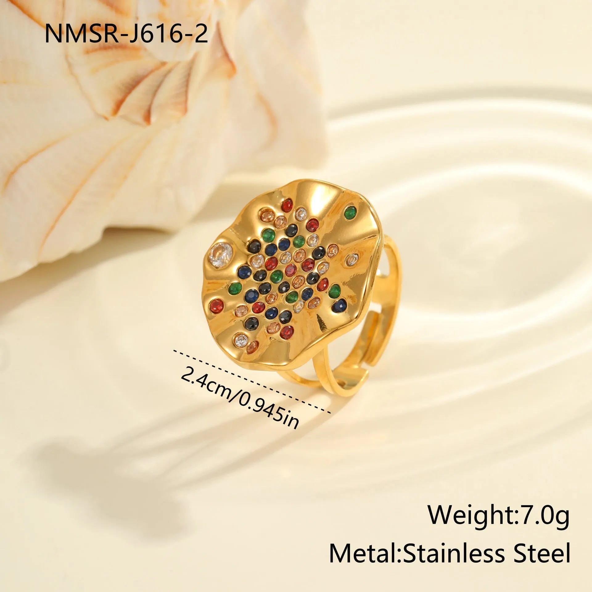 Adjustable open-mouth stainless steel ring with pleated geometric pattern and inlaid coloured crystal accents.