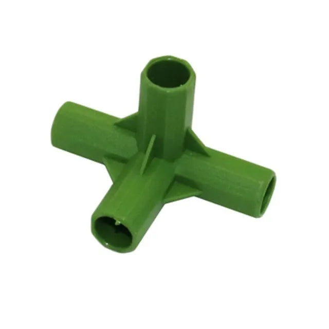 Two white plastic plant support connectors, one three-way and one four-way, for 11mm garden poles.