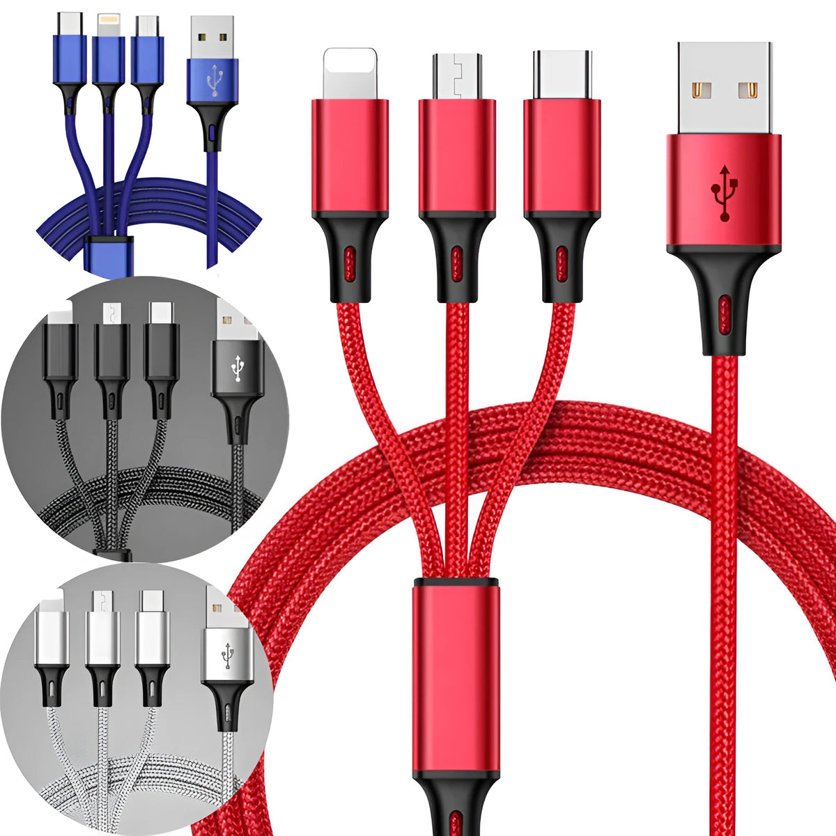 Braided 3-in-1 universal charging cable with aluminium connectors in multiple colours