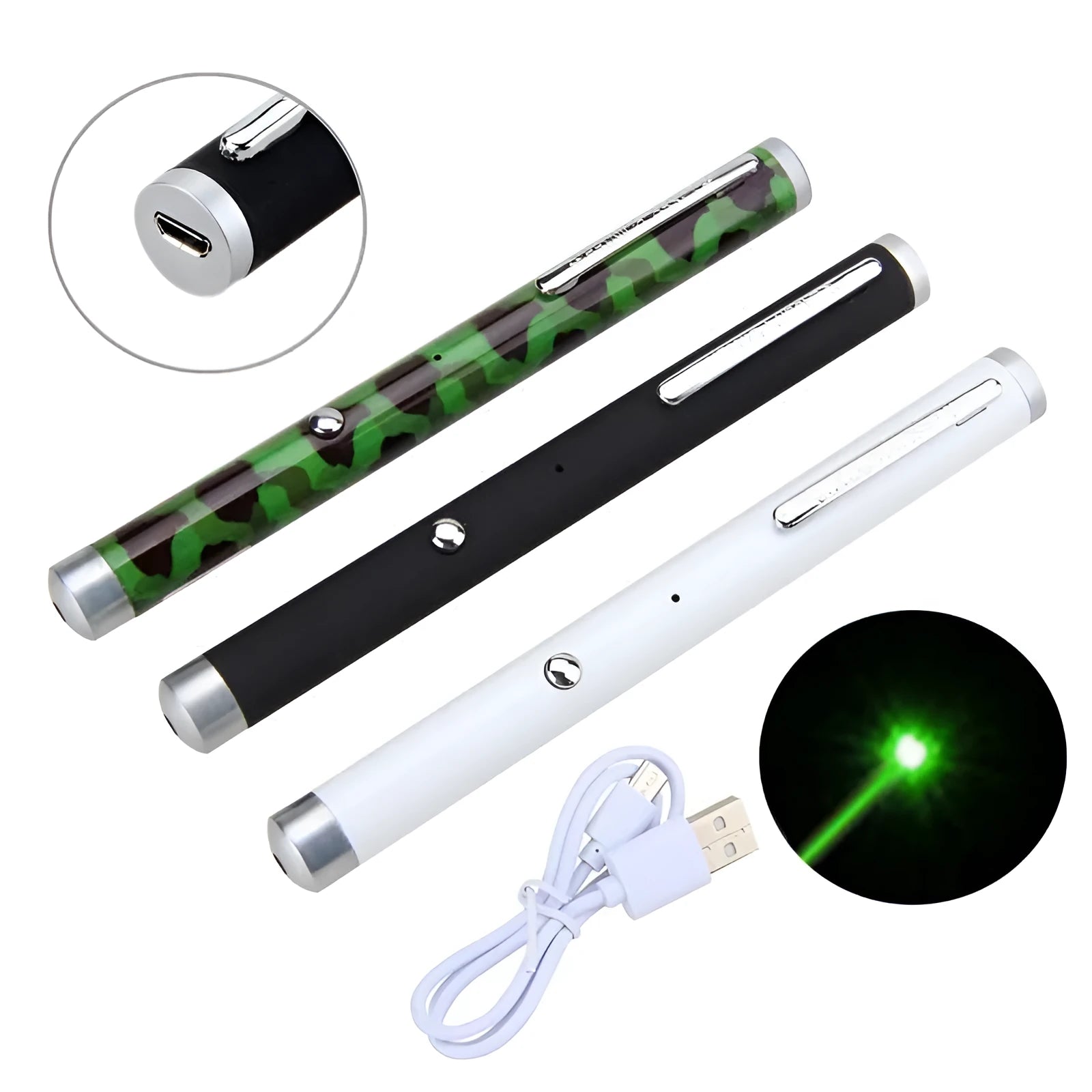 Green laser pointer pen in black, white, and camouflage colour options showing metal body construction.