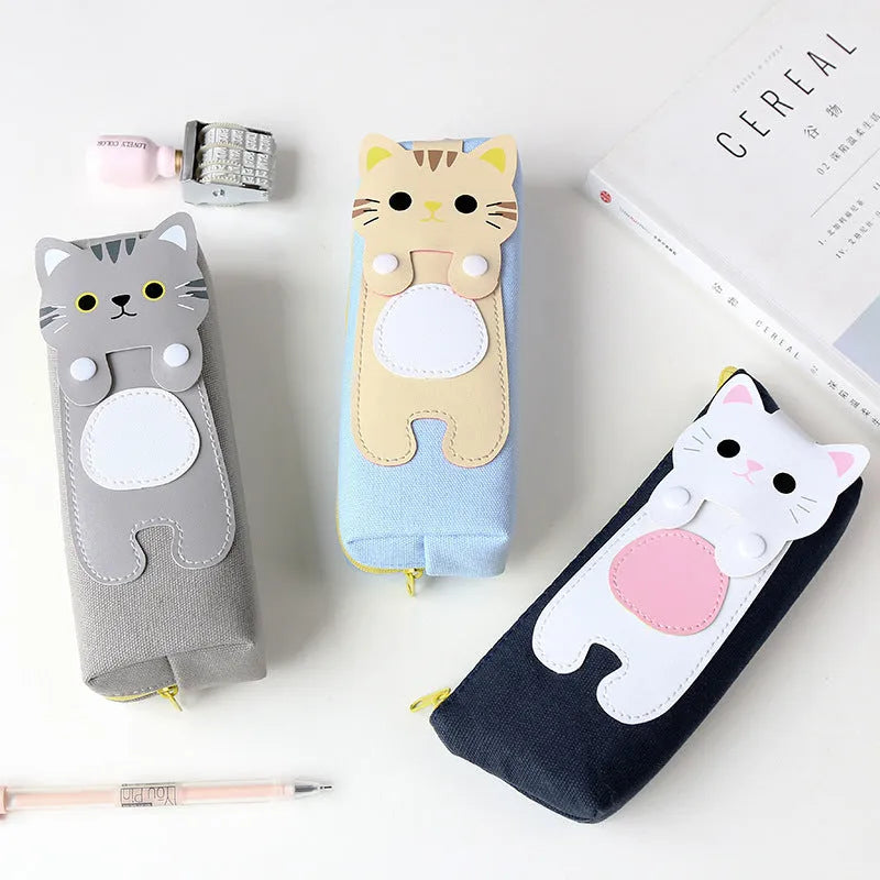 Cat cartoon canvas pencil case, square zipper pouch, 20x8cm, in blue beige grey or black