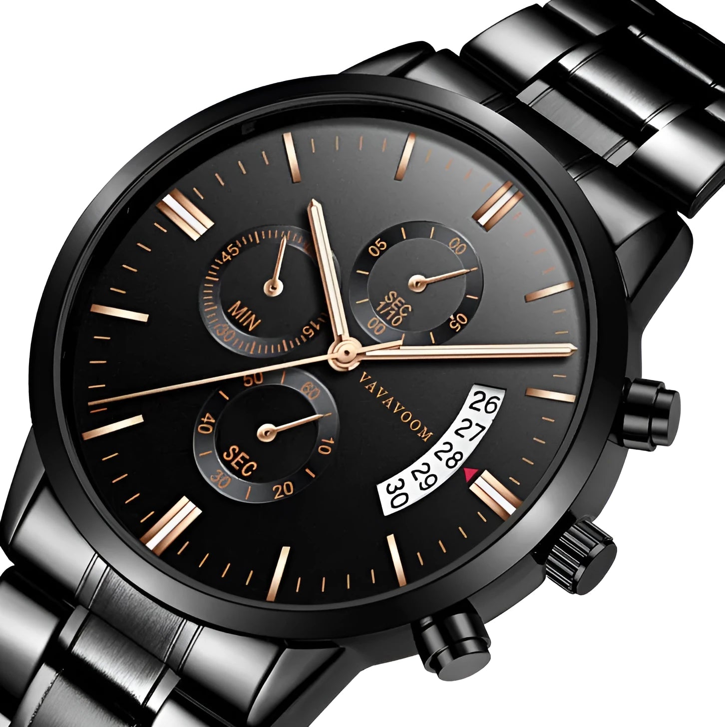 Men's stainless steel quartz watch with calendar display and round black dial on matching chain strap
