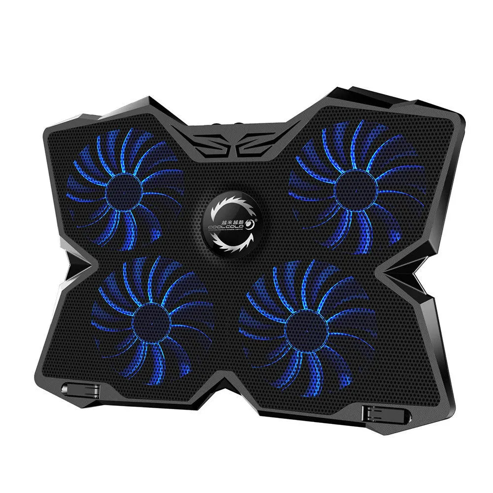Blue laptop cooling base showing four illuminated LED fans and two USB ports on the front edge.