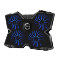 Blue laptop cooling base showing four illuminated LED fans and two USB ports on the front edge.