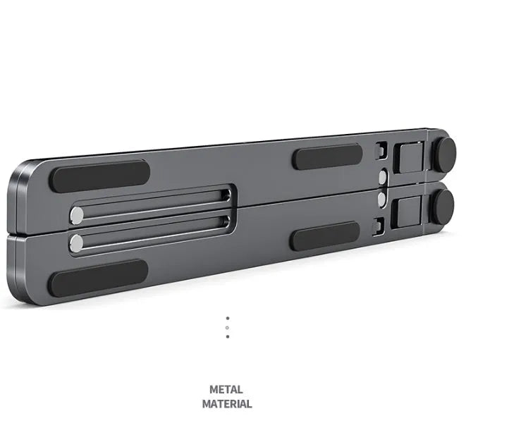 Portable aluminium laptop stand folded showing adjustable height mechanism