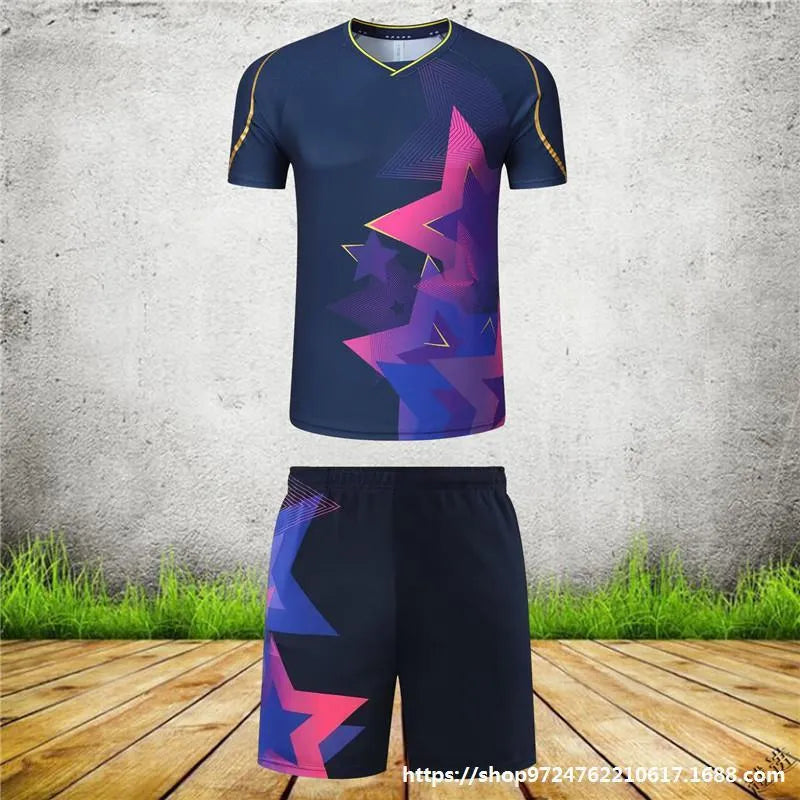 Unisex badminton sportswear suit in polyester, showing short-sleeved top and trousers in sapphire blue colour.