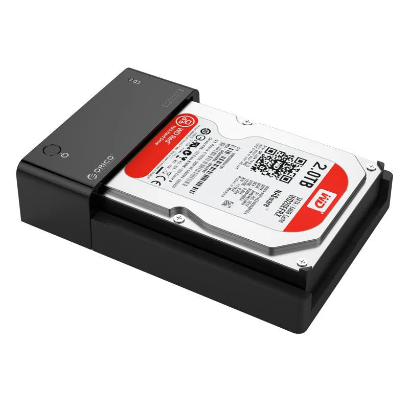 Black plastic 2.5 inch SATA hard disk enclosure with USB cable for portable external storage