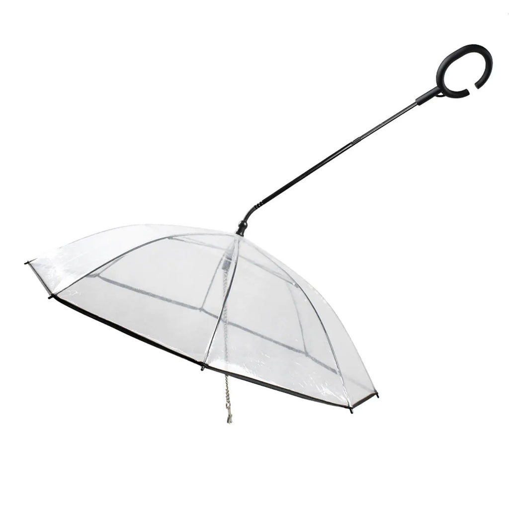 White transparent pet umbrella with C-shaped handle, 70cm PVC canopy, and adjustable retractable middle bar