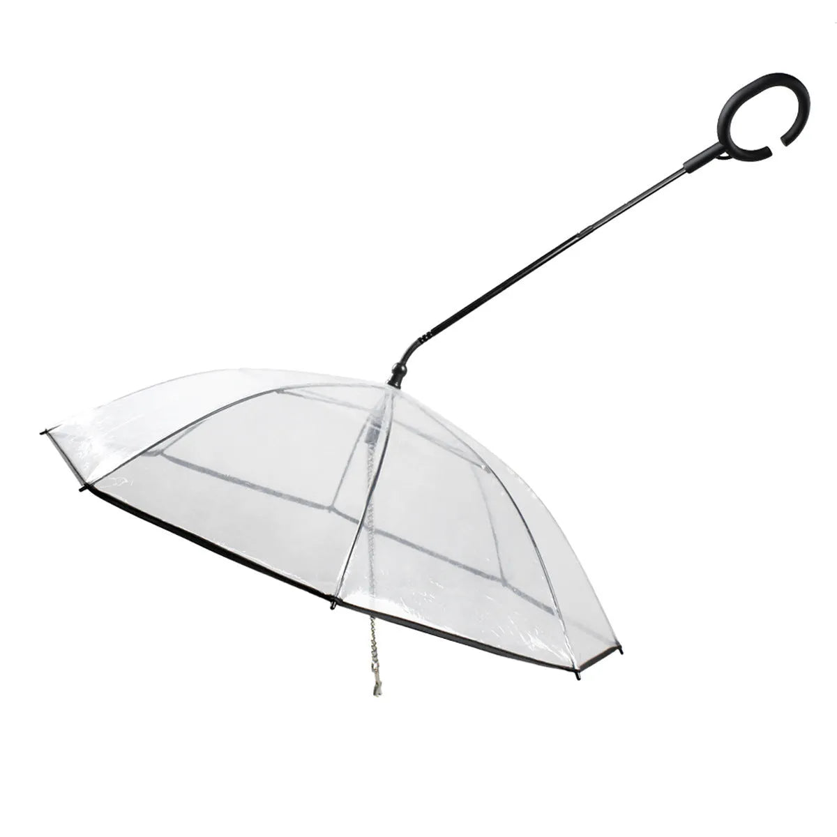 White transparent pet umbrella with C-shaped handle, 70cm PVC canopy, and adjustable retractable middle bar
