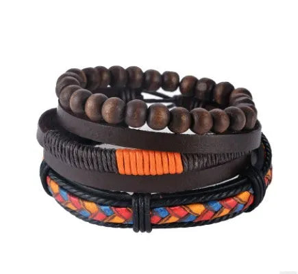 Men's handwoven leather bracelet with multilayer beads, adjustable closure and vintage punk style