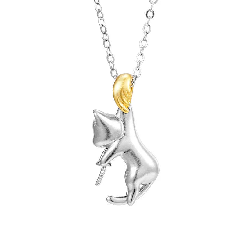 925 sterling silver cat pendant clavicle chain necklace with electroplating and pearl bead options
