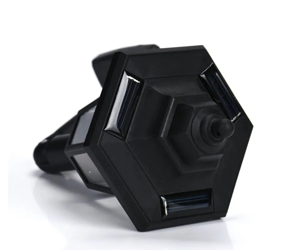 Black hexagonal solar-powered outdoor wall lamp with LED light.
