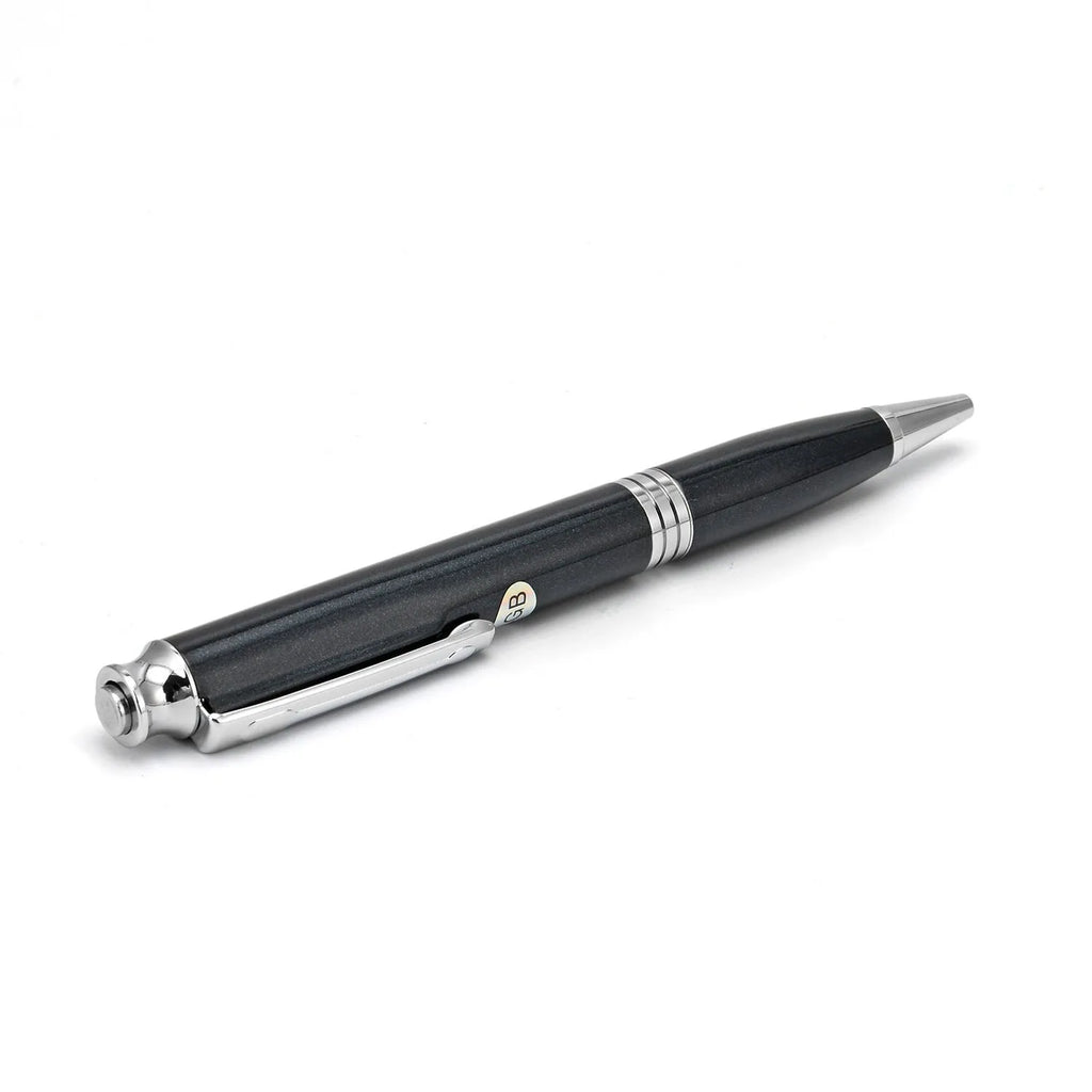 Black pen-style USB recorder MP3 player showing 120mm length and 12mm diameter with USB connector