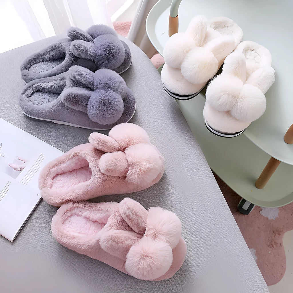 Women's rabbit fur winter slippers in high upper design with flower pattern and low heel
