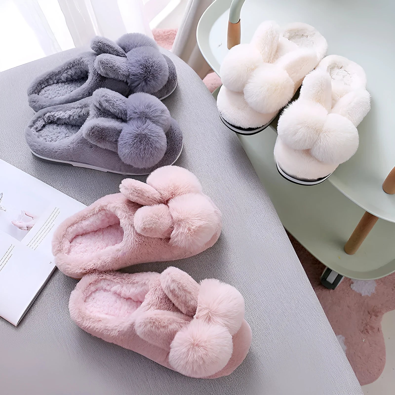 Women's rabbit fur winter slippers in high upper design with flower pattern and low heel