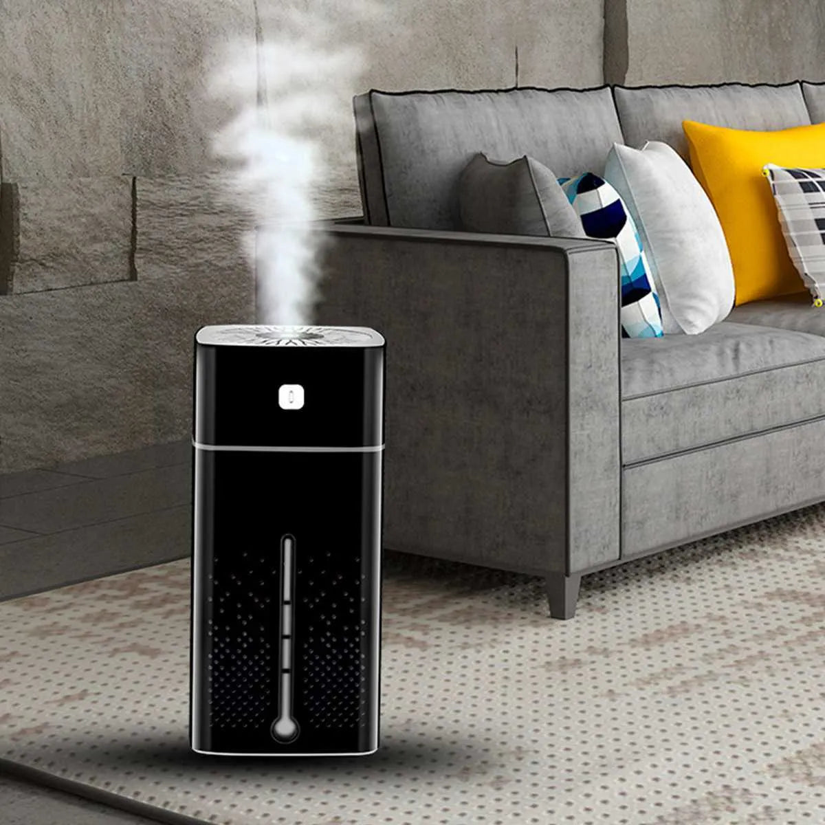 Black and white desktop humidifier with USB-C port, 1000ml water tank, showing compact size for office use.
