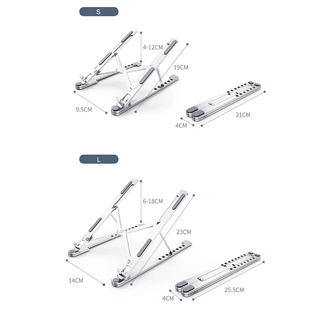Portable aluminium laptop stand folded showing adjustable height mechanism