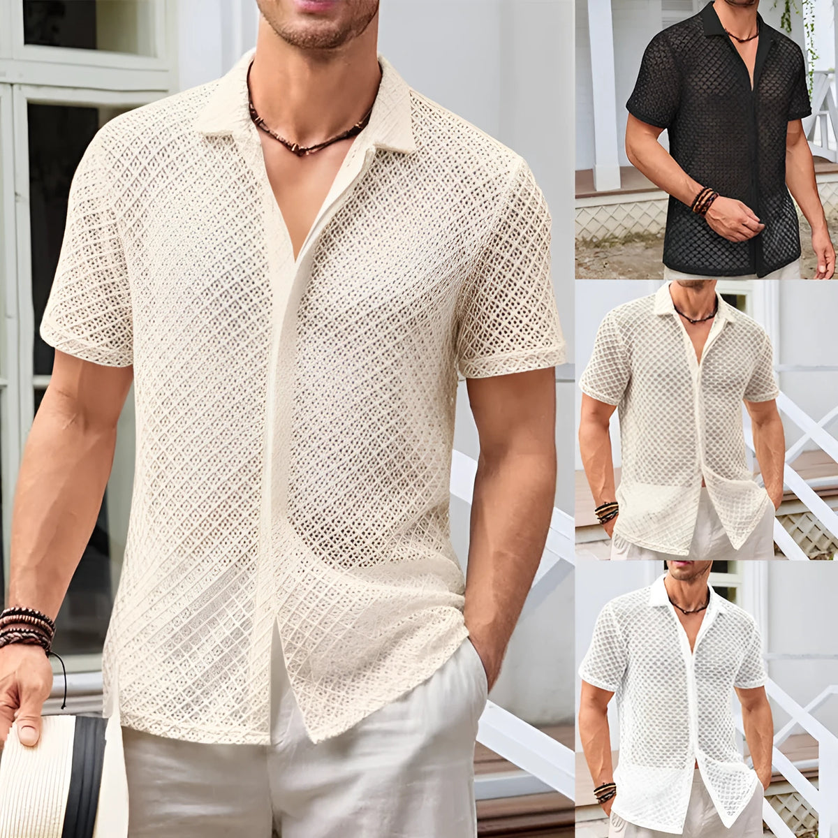 Men's short sleeve lapel shirt in mesh cotton blend fabric available in beige, black, and white