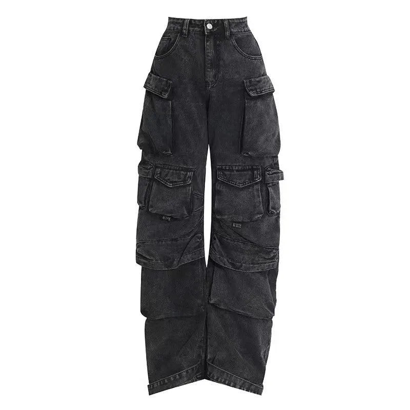 Women's tie-dyed high waist wide leg trousers with multiple pockets in blue denim fabric